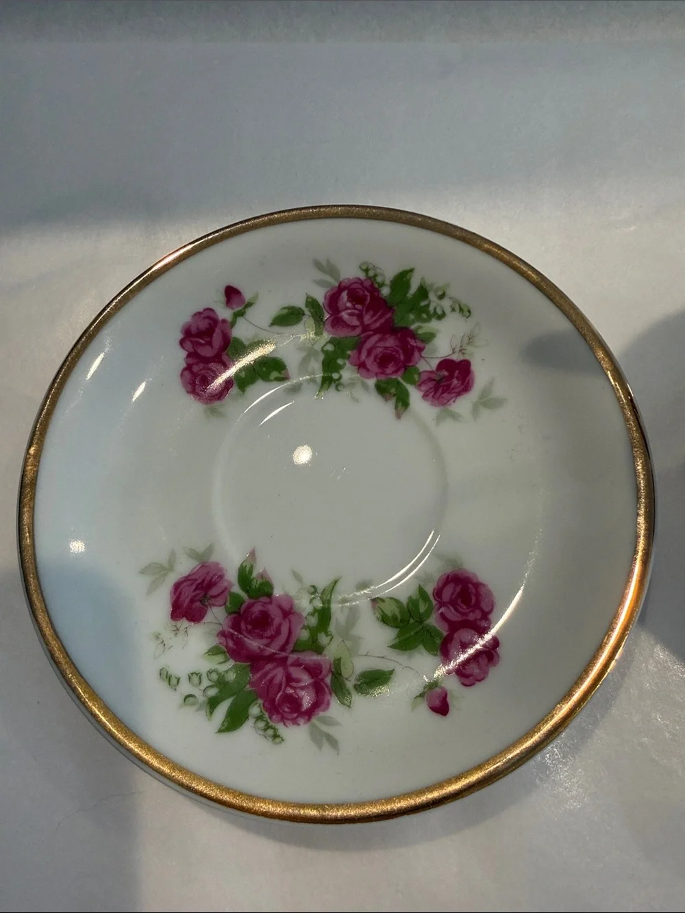 Music Box Porcelain Teacup and Saucer Pink Rose Motif and Gold Trim Japan